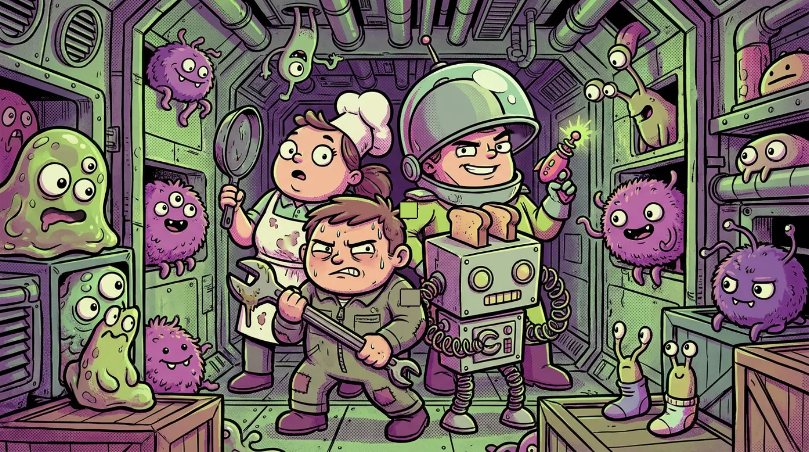Comic art: four panicking crewmates, an engineer with a wrench, a cook with a frying pan, a captain in a big helmet and a toaster-headed robot, stand back to back in a cargo corridor while dozens of goofy aliens peek from every vent, crate and pipe.